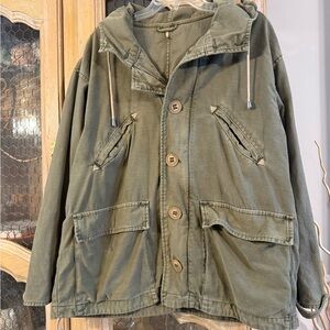 Free People Green Hooded Jacket with Button Closure
